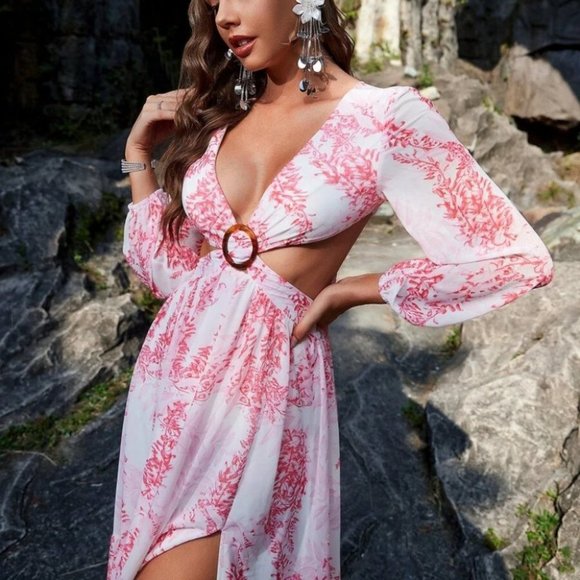 Floral Print Cut Out Waist Maxi Dress PINK - Picture 5 of 7